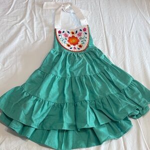Girl's Teal Tiered Halter Dress with Floral Embroidered Bib